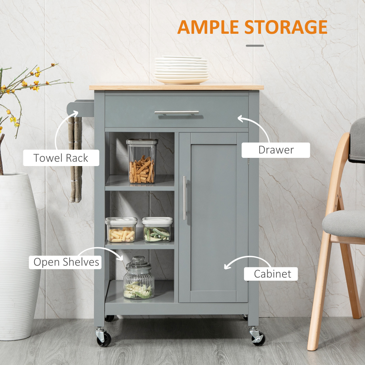 Kitchen Trolley Utility Cart on Wheels with Open Shelf and Storage Drawer