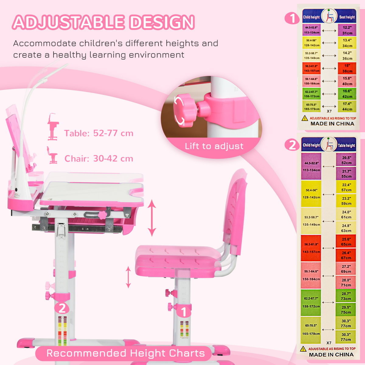 Kids Study Desk and Chair Set with Adjustable Height, Storage Drawer - Pink