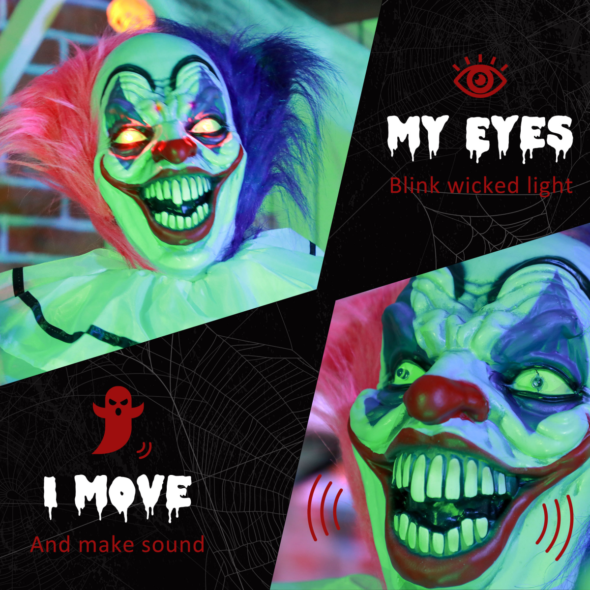 Halloween Clown Animatronic Prop with Light Up Eyes, for Indoor Outdoor, Pink And Purple Clown