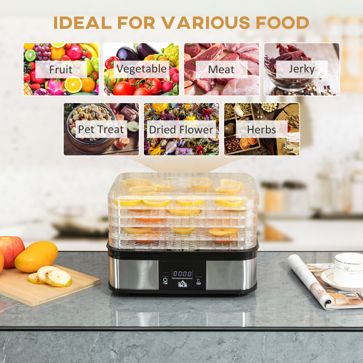 5 Tier Food Dehydrator 245W Stainless Steel Food Dryer Machine Timer LCD