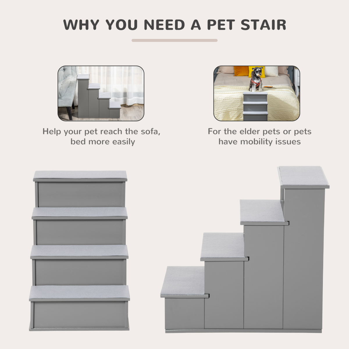 Pet Stairs 15.75" L x 23.25" W x 21.25" H, Grey
