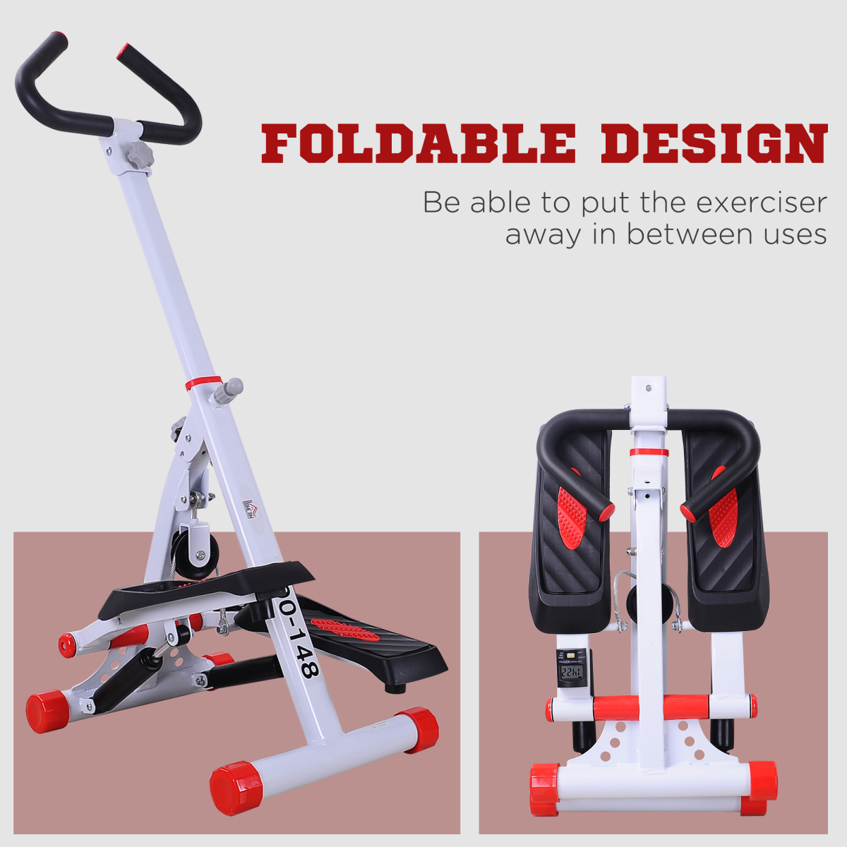 Foldable Stepper Adjustable Step Machine with Handlebar LCD Display, Red