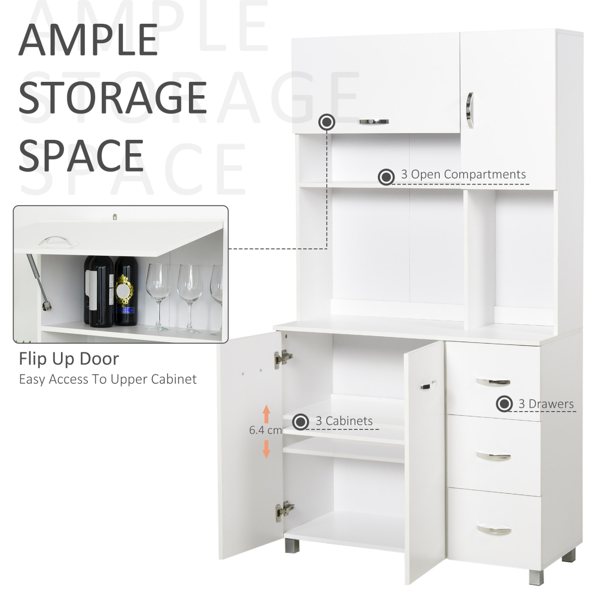 Freestanding Kitchen Storage Cabinet w/ Cupboard Cabinets Drawers Handles