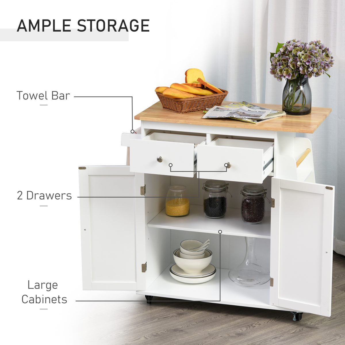 Kitchen Island Storage Rubber Wood Top, 3-Tier Spice Rack