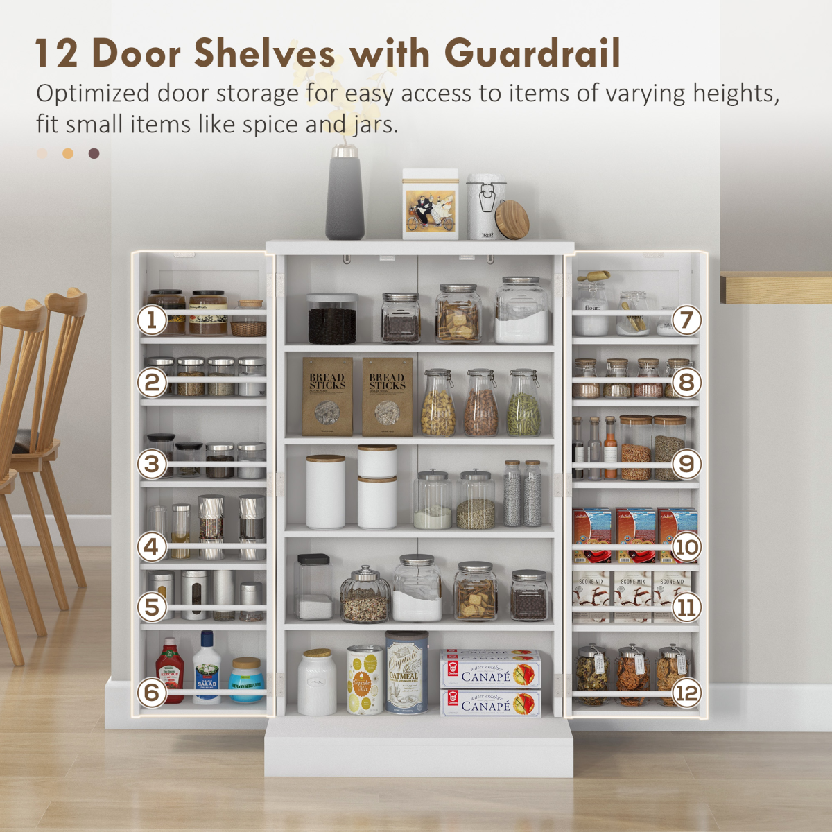 Kitchen Cupboard with Double Doors, 5-Tier Shelf, 12 Spice Racks, White