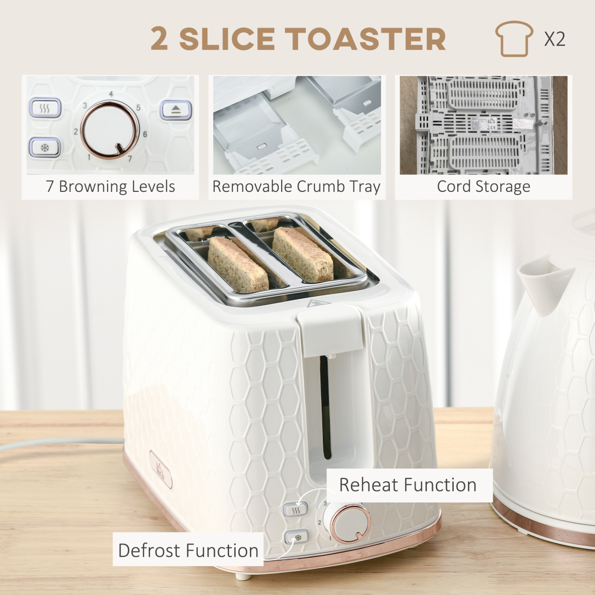Kettle and Toaster Set 1.7L Fast Boil Kettle and 2 Slice Toaster Set White
