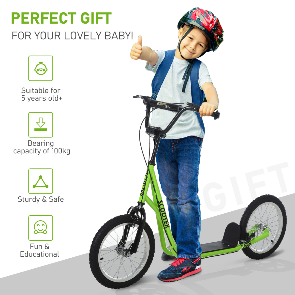 Homcom 90-96cm Kids Kick Scooter Adjustable Handlebar Inflatable Wheels Green