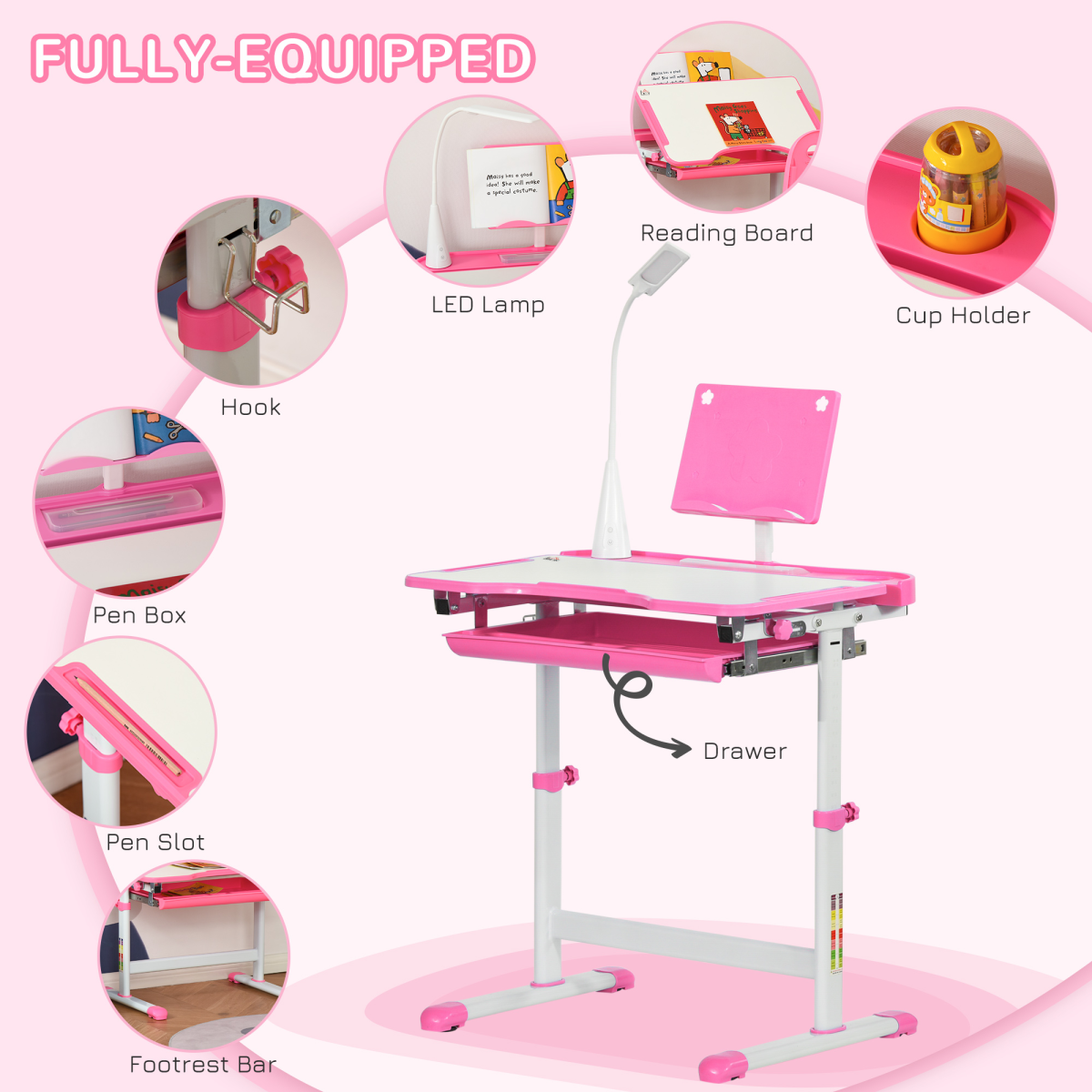 Kids Study Desk and Chair Set with Adjustable Height, Storage Drawer - Pink