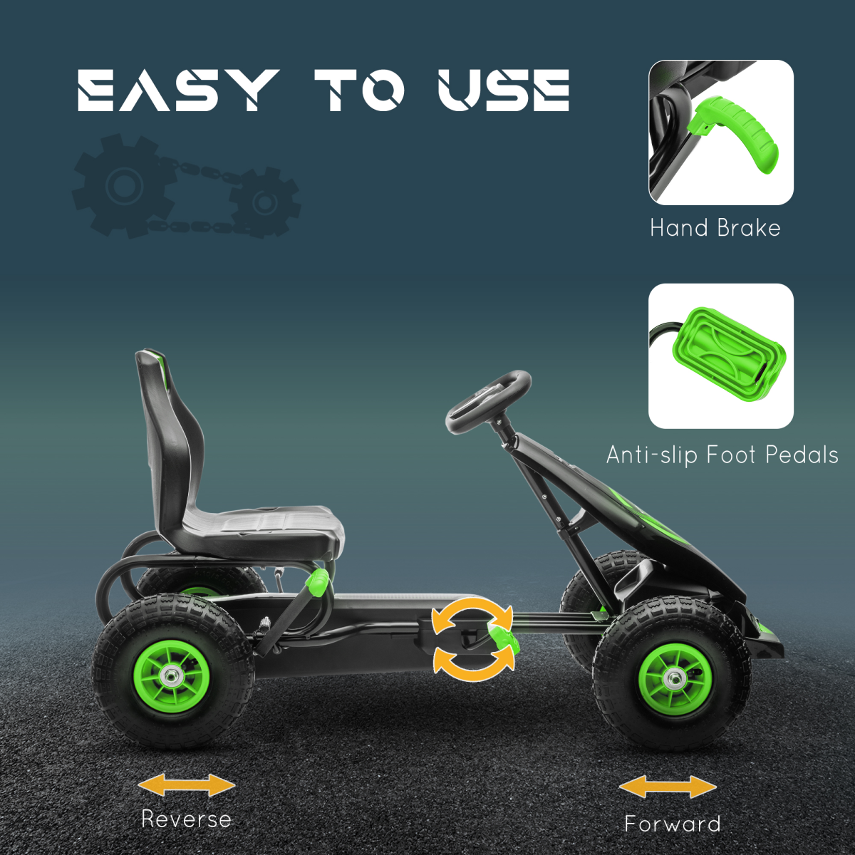 Children Pedal Go Kart with Adjustable Seat, Rubber Wheels, Brake - Green