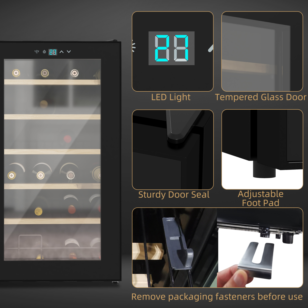 24 Bottles Wine Fridge with Glass Door Digital Touch Screen Control LED