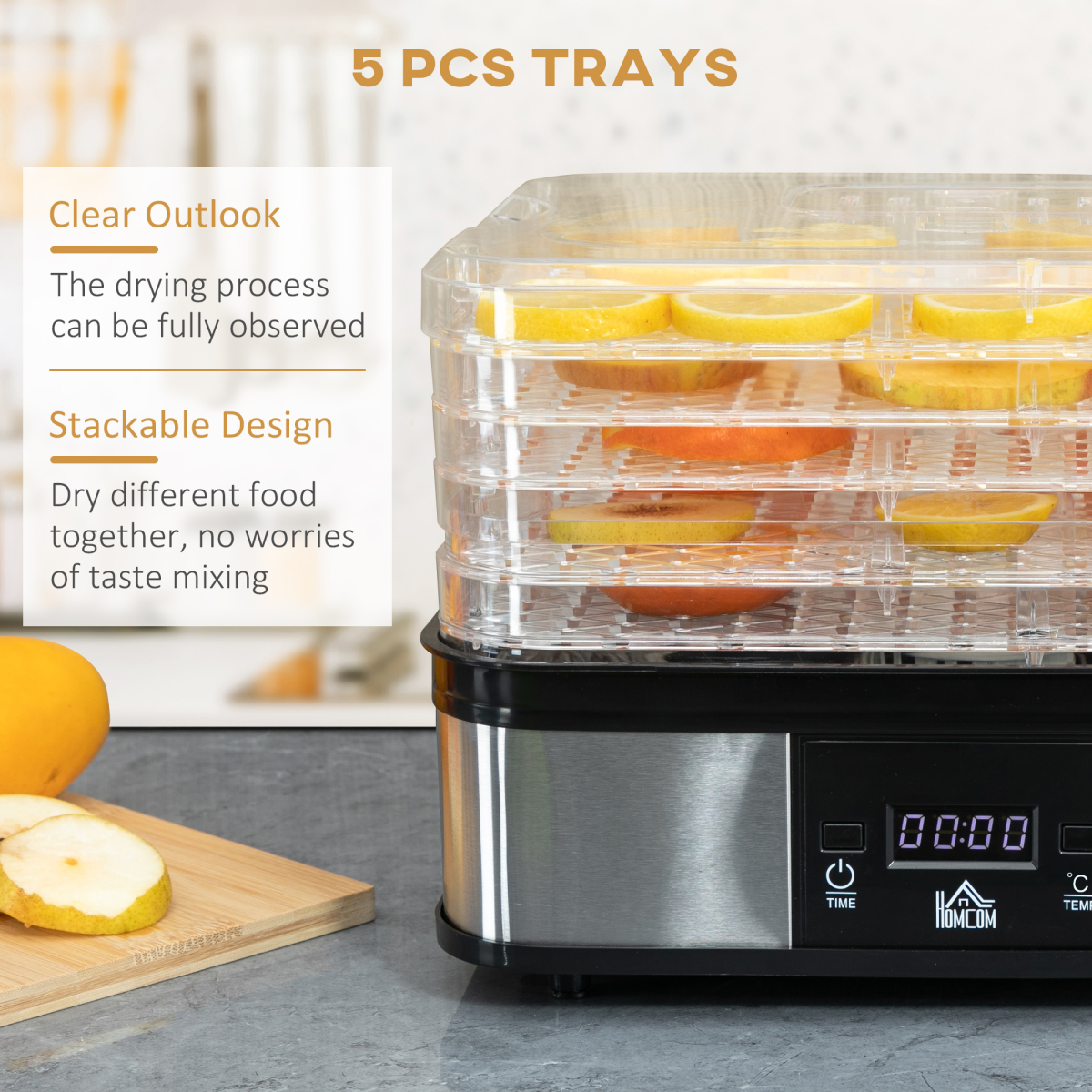 5 Tier Food Dehydrator 245W Stainless Steel Food Dryer Machine Timer LCD