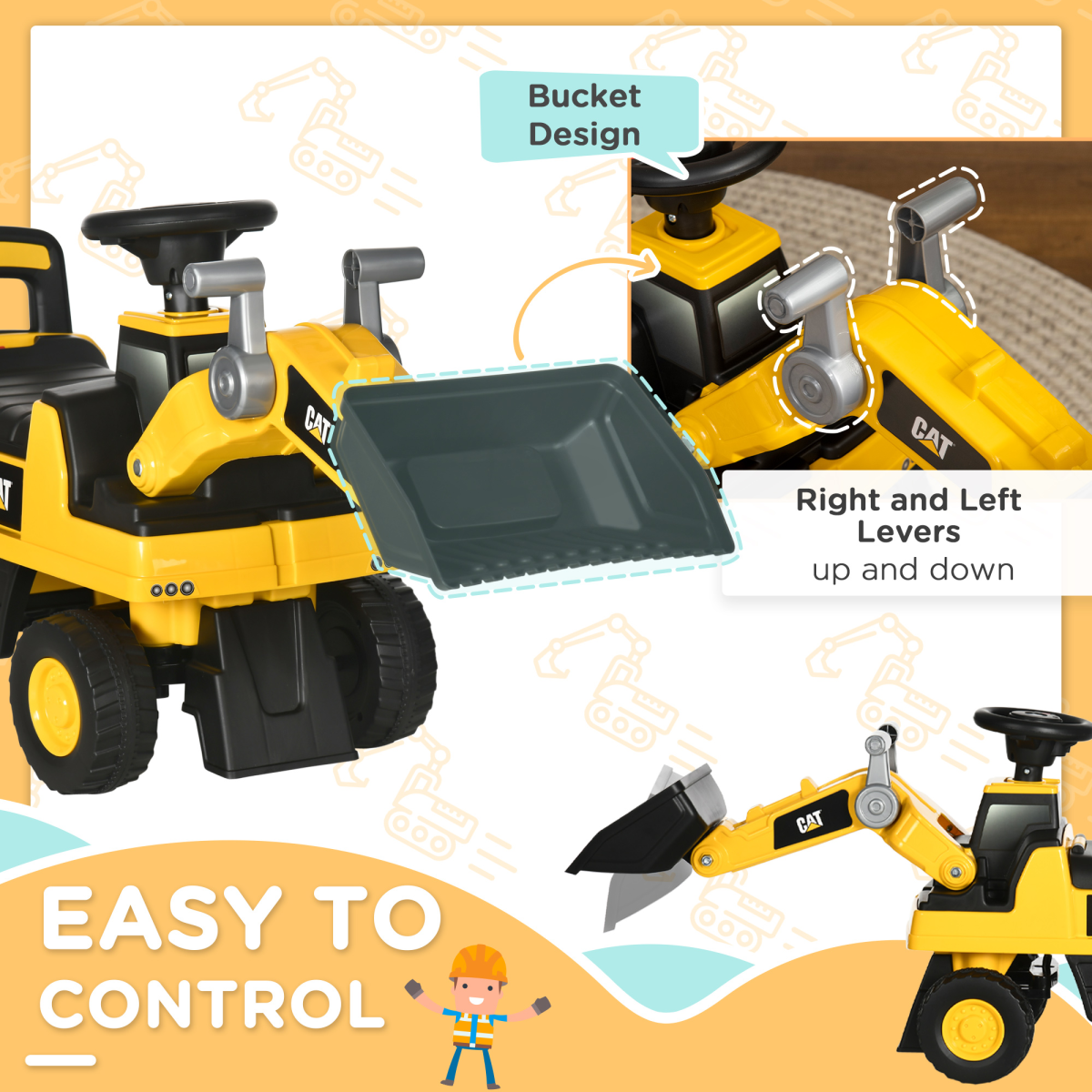 CAT Licensed Kids Construction Ride-On with Manual Shovel, for 1-3 Years