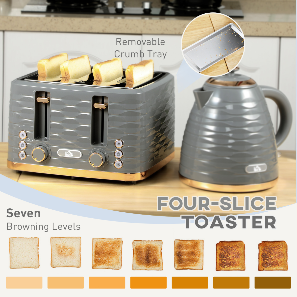 Kettle and Toaster Set 1.7L Rapid Boil Kettle and 4 Slice Toaster Grey