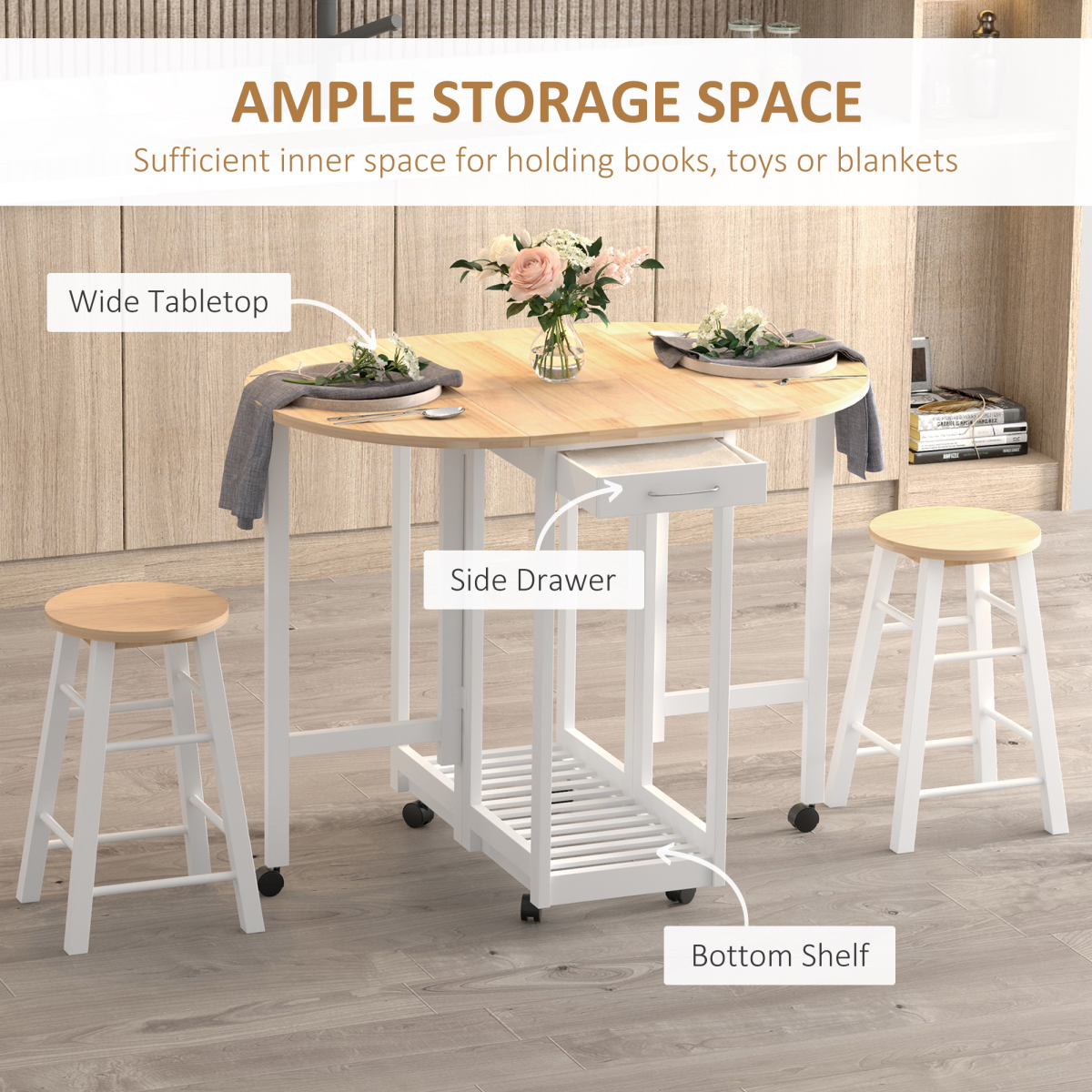 3pc Wooden Kitchen Cart Mobile Rolling Trolley Folding Stools Wheels