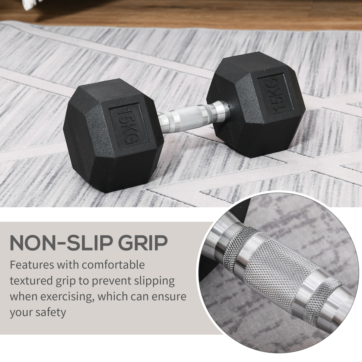 15KG Single Rubber Hex Dumbbell Portable Hand Weights Home Gym
