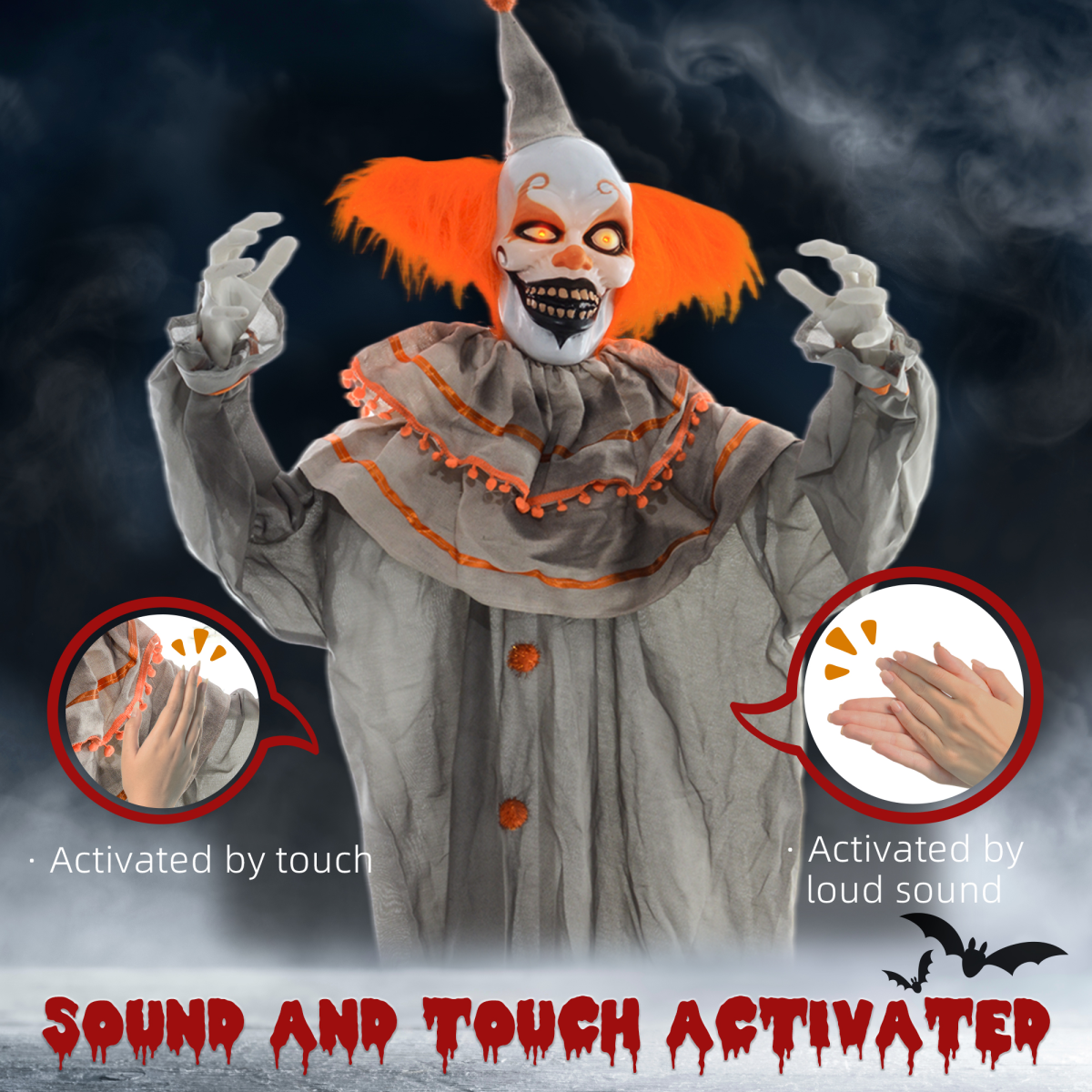 Halloween Clown Animatronic Prop with Light Up Eyes, for Indoor Outdoor, Orange Clown
