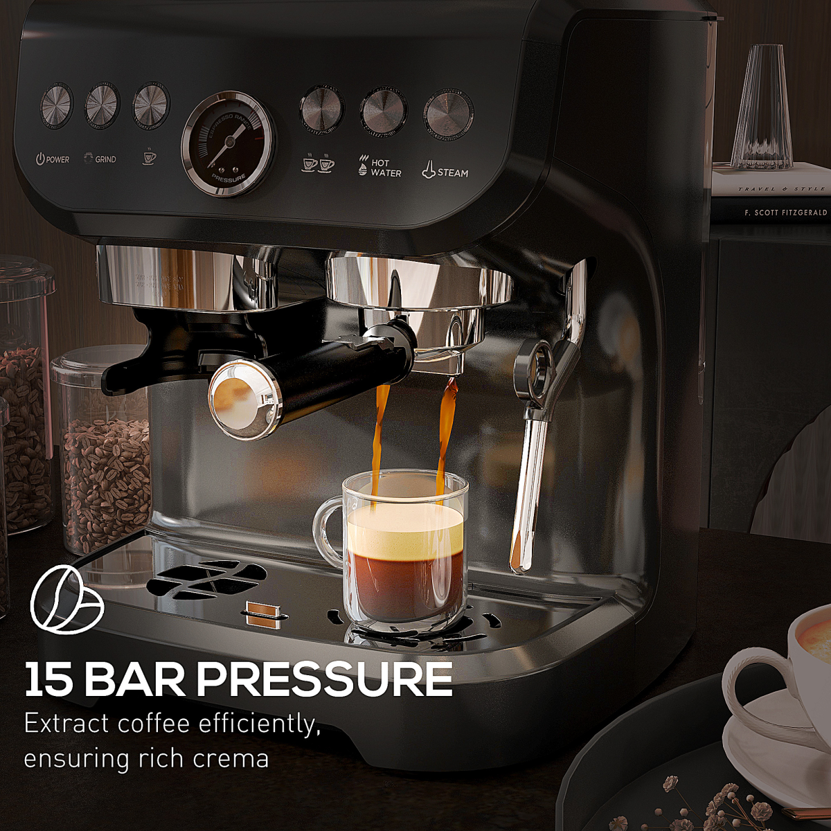 Espresso Coffee Machine w/ Integrated Bean Grinder and Steam Wand 15 Bar