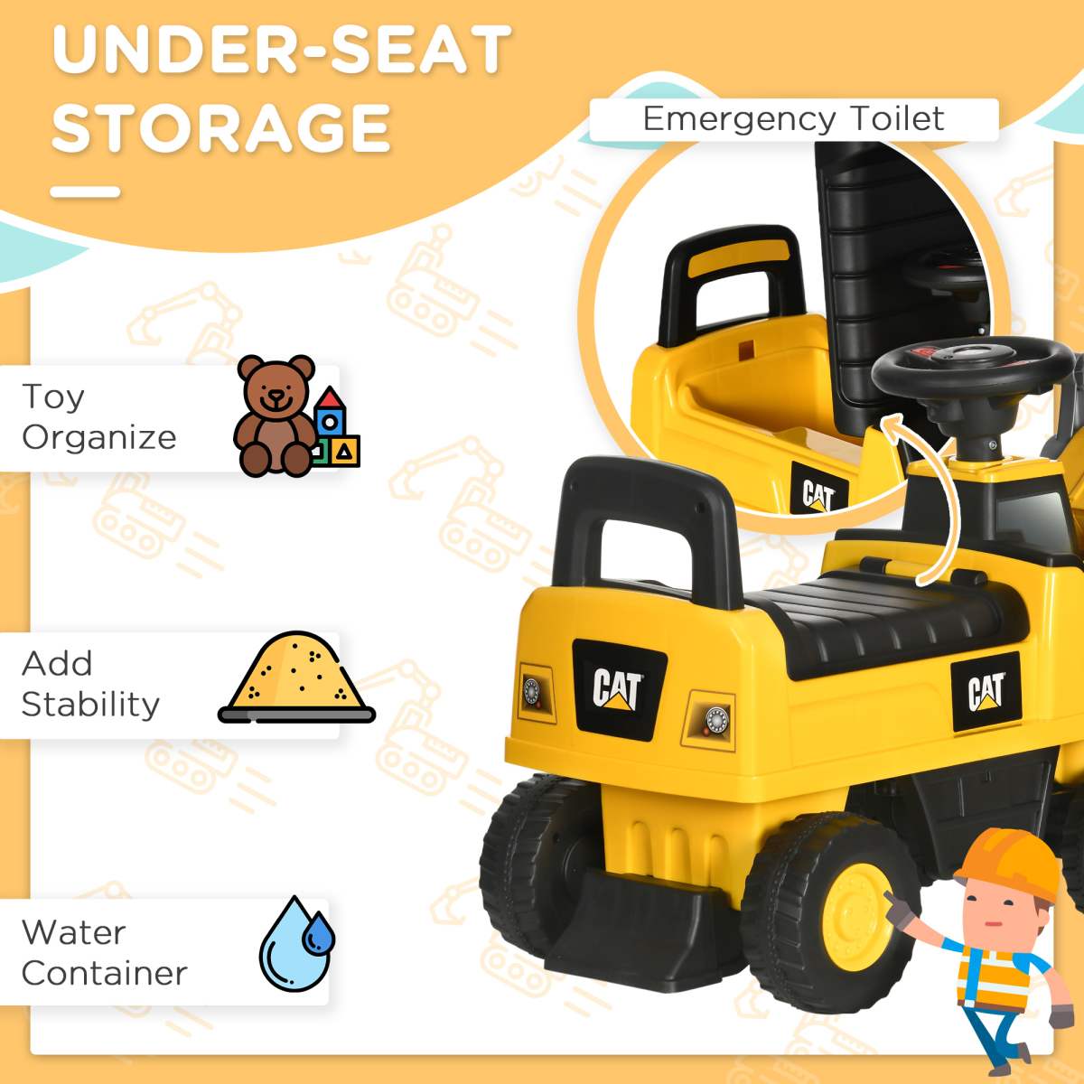 CAT Licensed Kids Construction Ride-On with Manual Shovel, for 1-3 Years