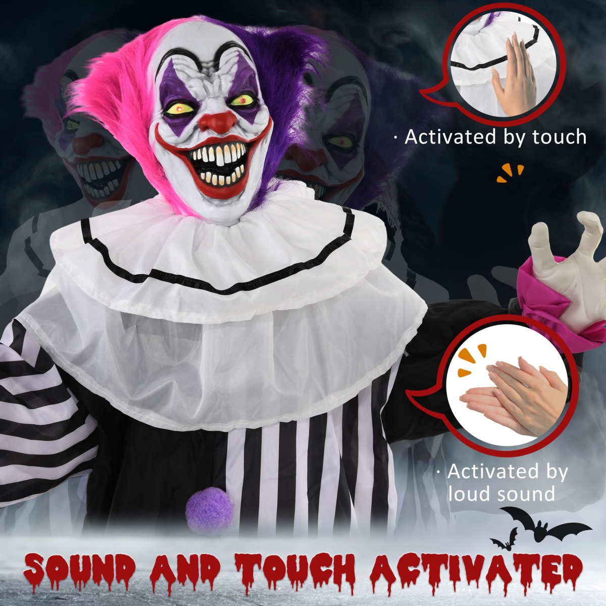Halloween Clown Animatronic Prop with Light Up Eyes, for Indoor Outdoor, Pink And Purple Clown