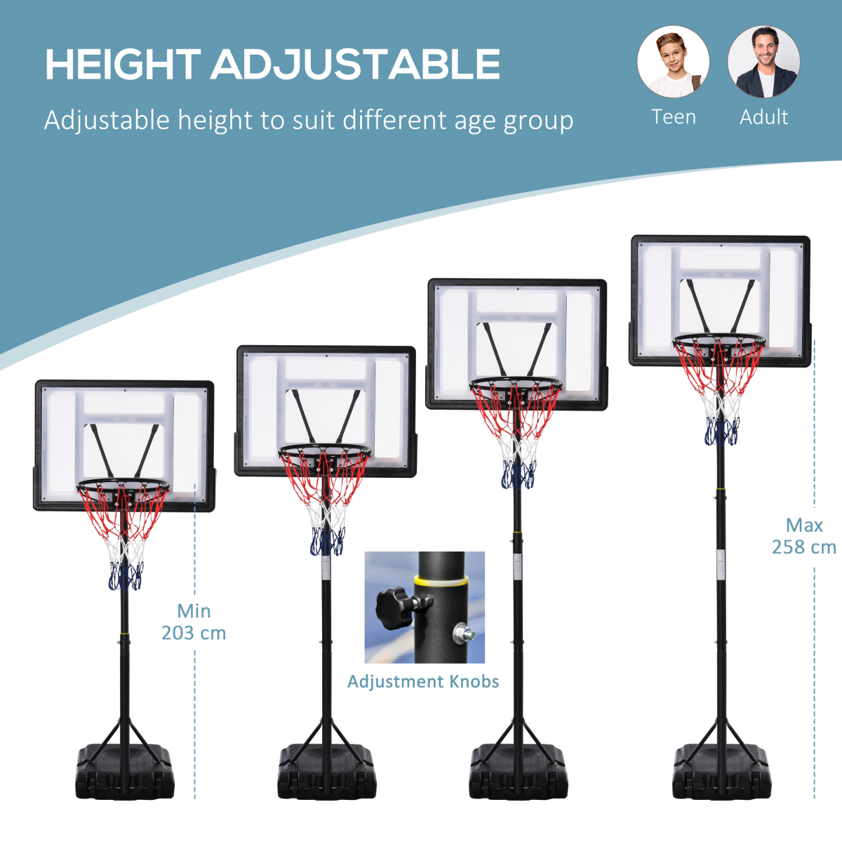1.55-2.1m Basketball Hoop and Stand with Fillable Base, Wheels, Black