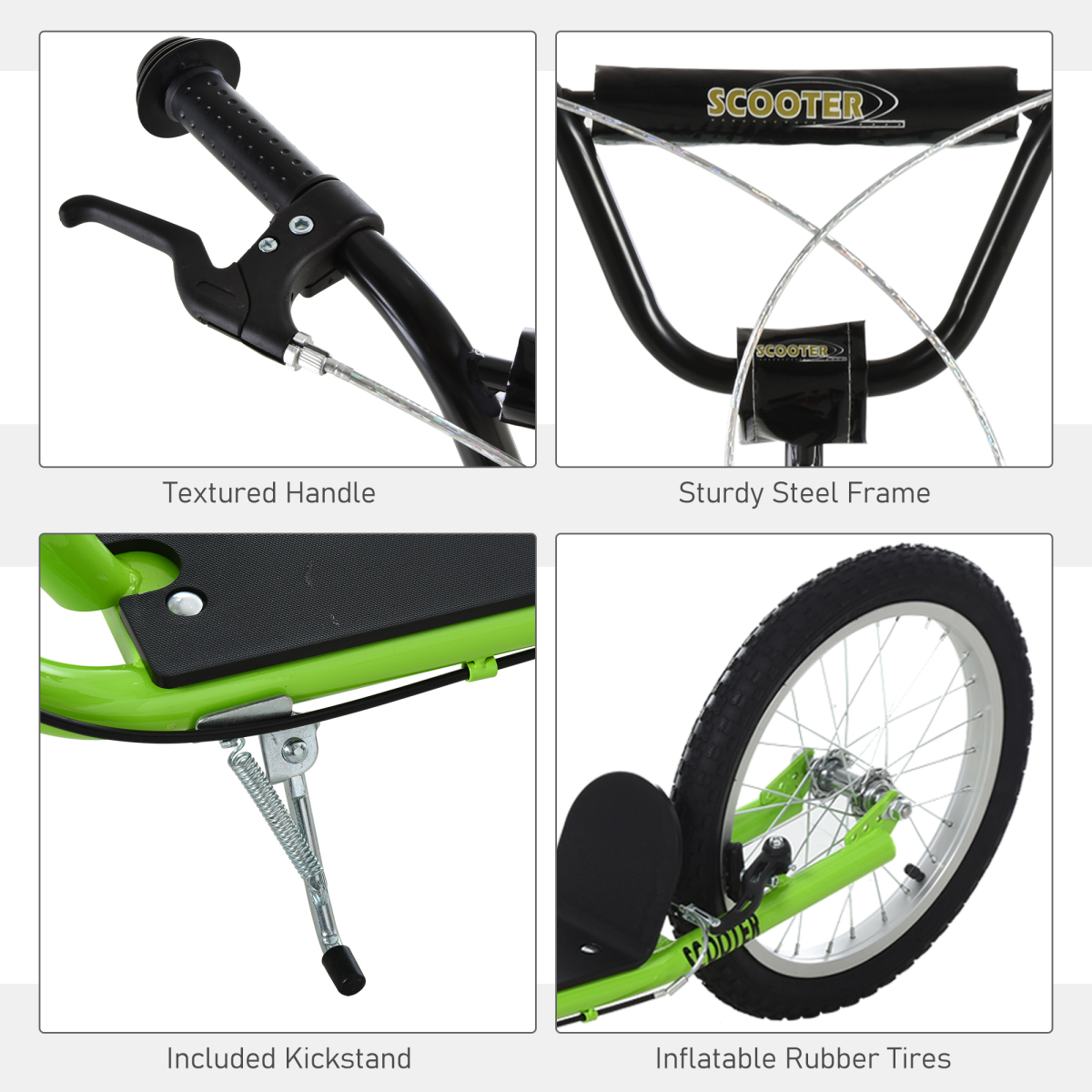 Homcom 90-96cm Kids Kick Scooter Adjustable Handlebar Inflatable Wheels Green