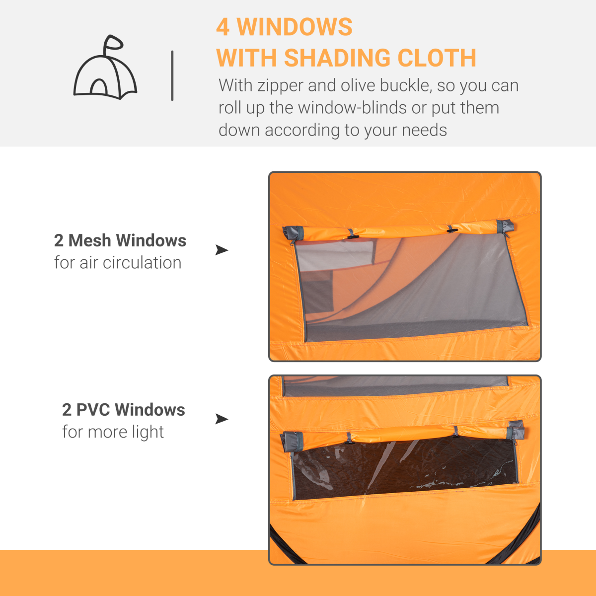 Camping Tent Dome Pop-up Tent with Windows for 4-5 Person Orange