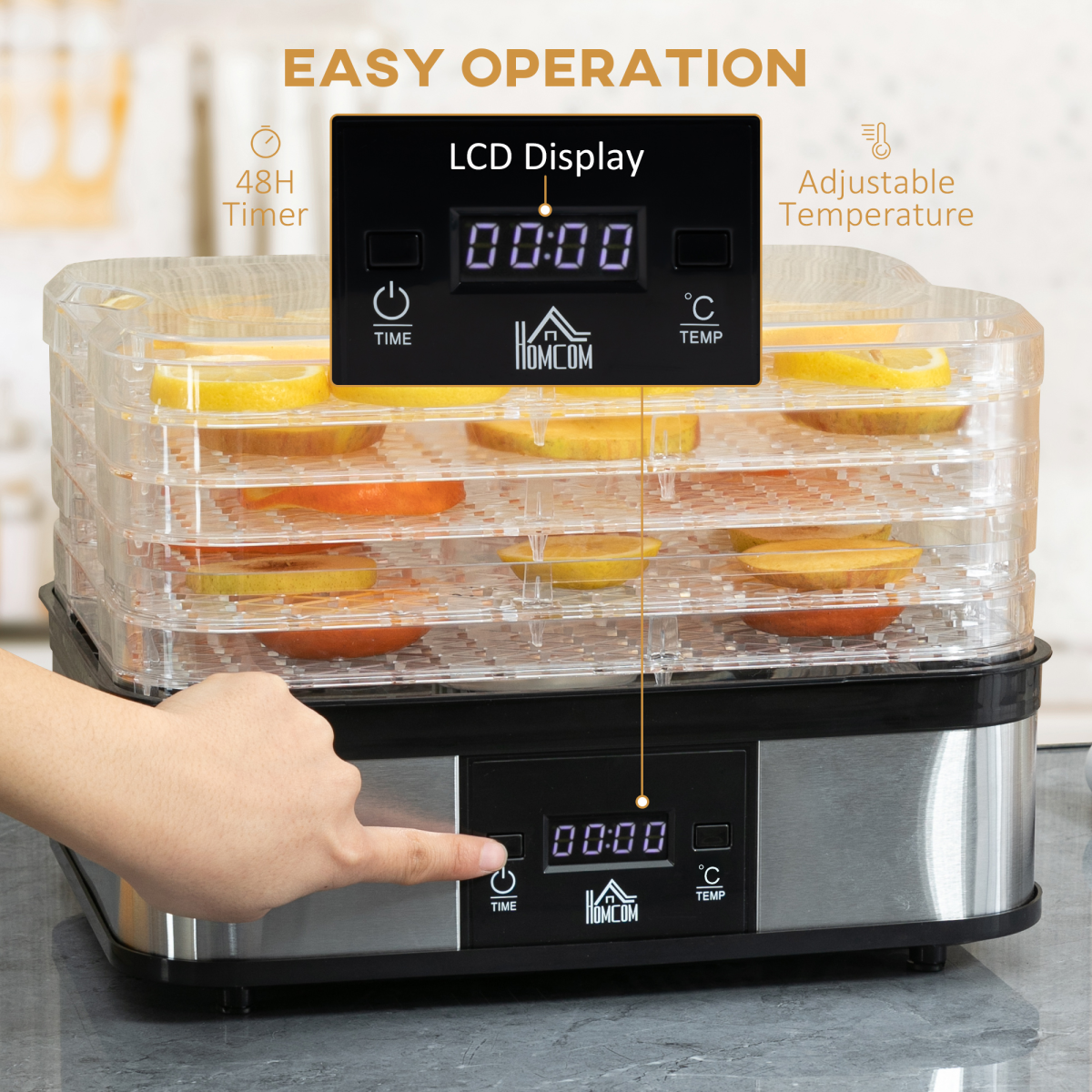 5 Tier Food Dehydrator 245W Stainless Steel Food Dryer Machine Timer LCD