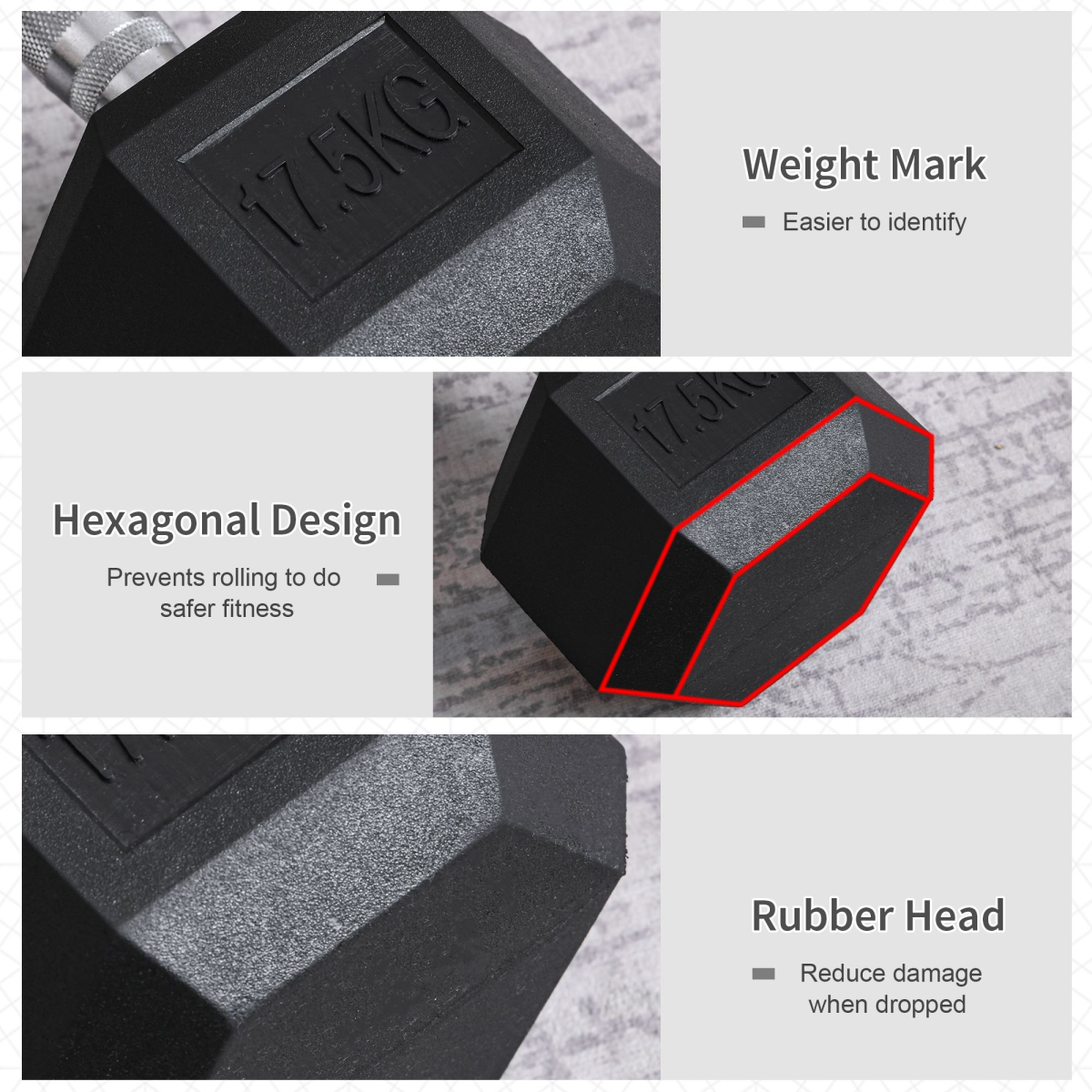17.5KG Single Rubber Hex Dumbbell Portable Hand Weights Home Gym