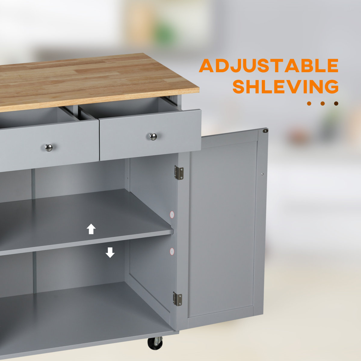 Rolling Kitchen Cart with Rubber Wood Top, Towel Rack, Hooks and Drawers