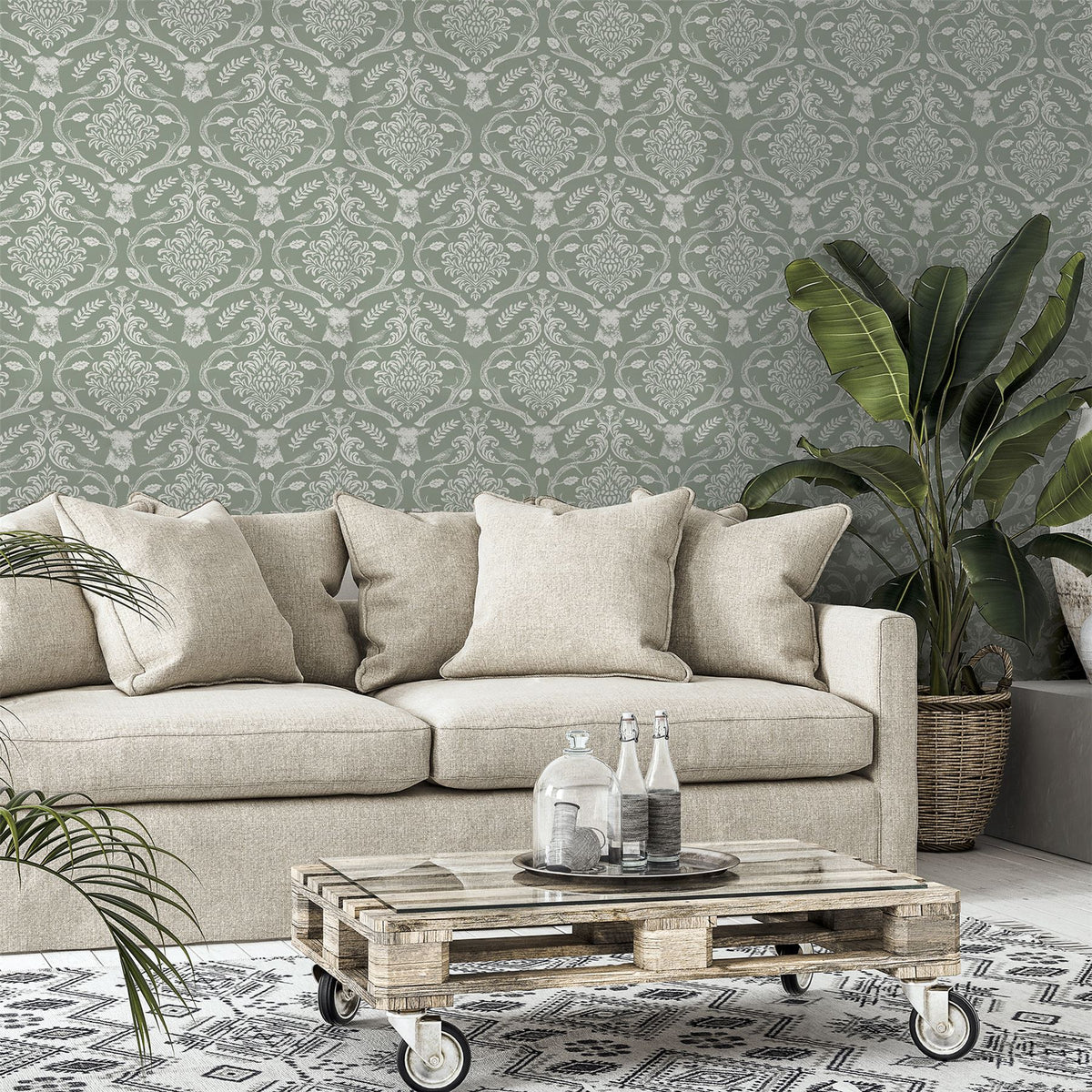 Stag Damask Sage Green Wallpaper image 6