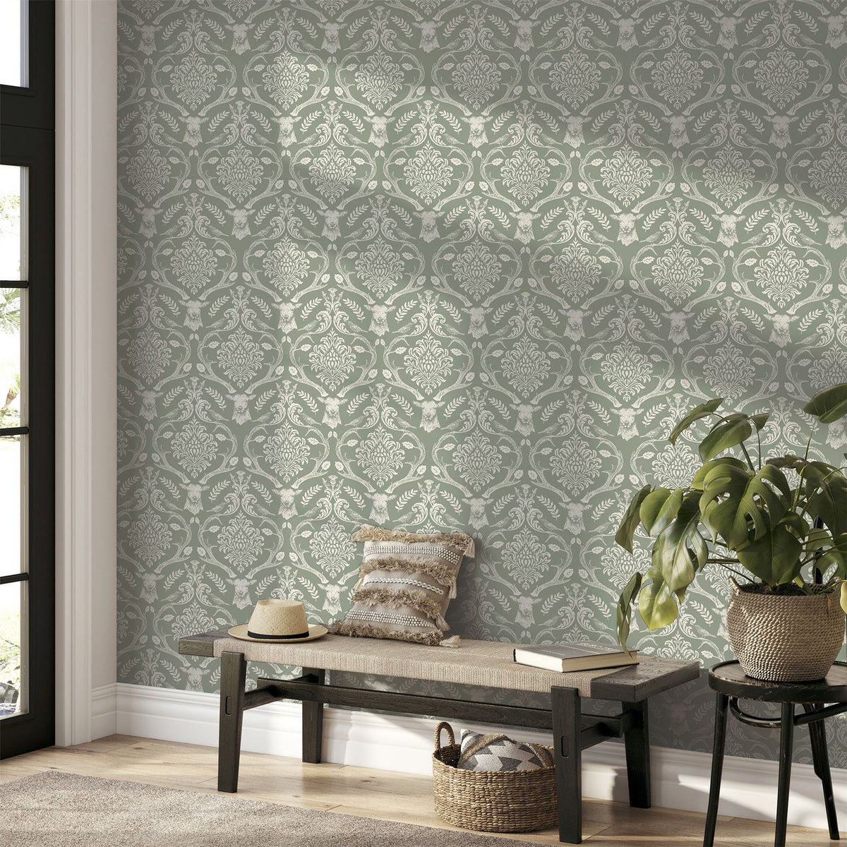 Stag Damask Sage Green Wallpaper image 1