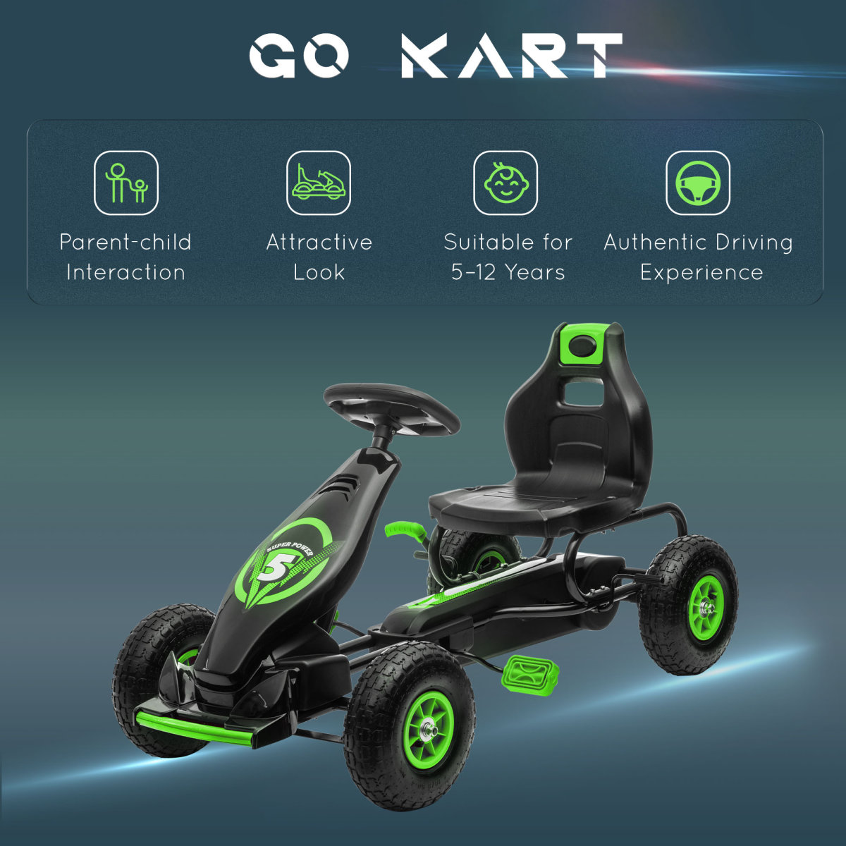 Children Pedal Go Kart with Adjustable Seat, Rubber Wheels, Brake - Green