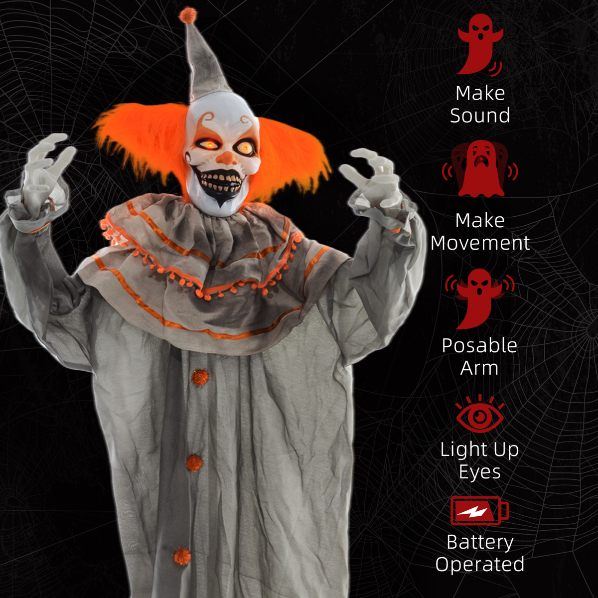 Halloween Clown Animatronic Prop with Light Up Eyes, for Indoor Outdoor, Orange Clown