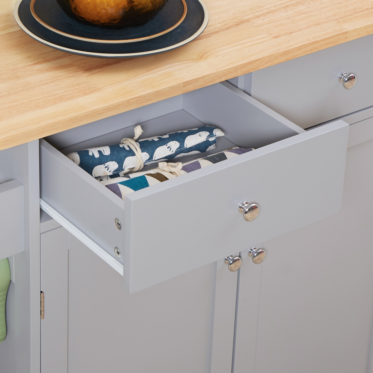 Rolling Kitchen Cart with Rubber Wood Top, Towel Rack, Hooks and Drawers