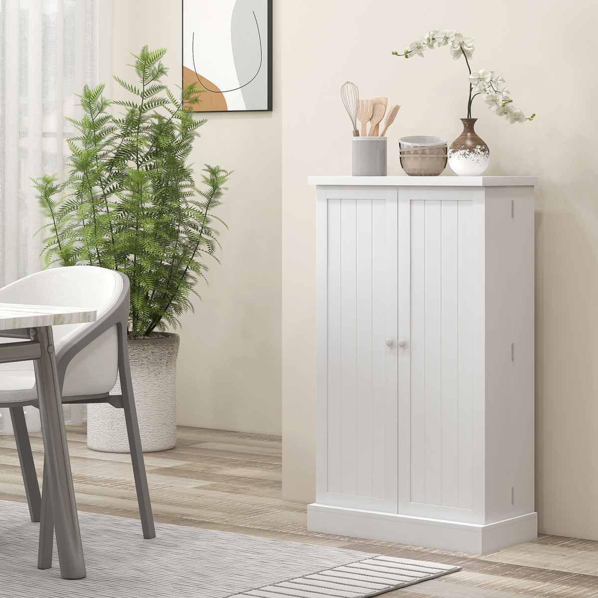Kitchen Cupboard with Double Doors, 5-Tier Shelf, 12 Spice Racks, White
