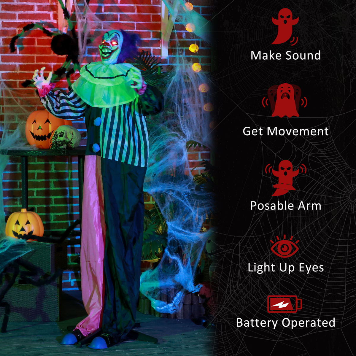 Halloween Clown Animatronic Prop with Light Up Eyes, for Indoor Outdoor, Pink And Purple Clown