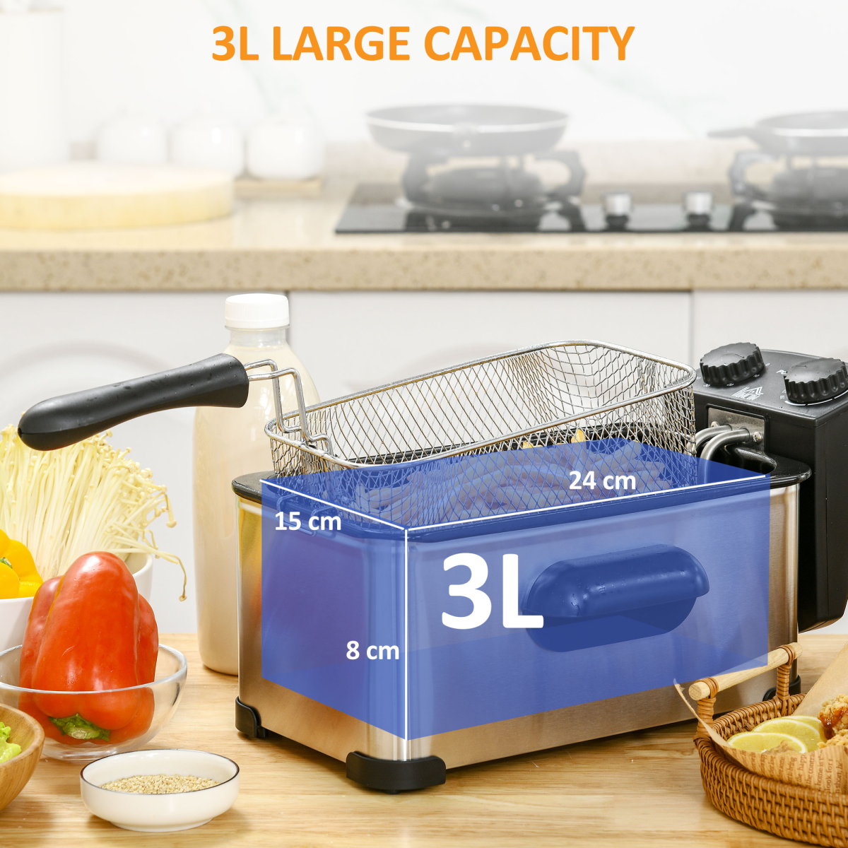 3 Litre Deep Fat Fryer with Adjustable Temperature, 60min Timer, 2000W