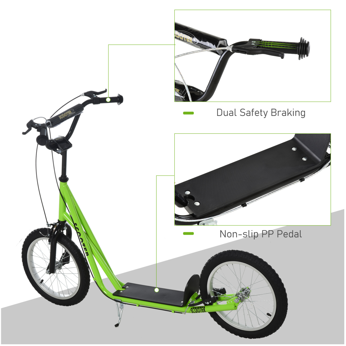 Homcom 90-96cm Kids Kick Scooter Adjustable Handlebar Inflatable Wheels Green