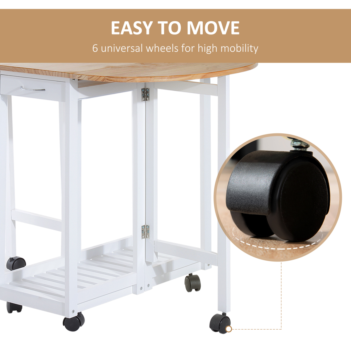 3pc Wooden Kitchen Cart Mobile Rolling Trolley Folding Stools Wheels