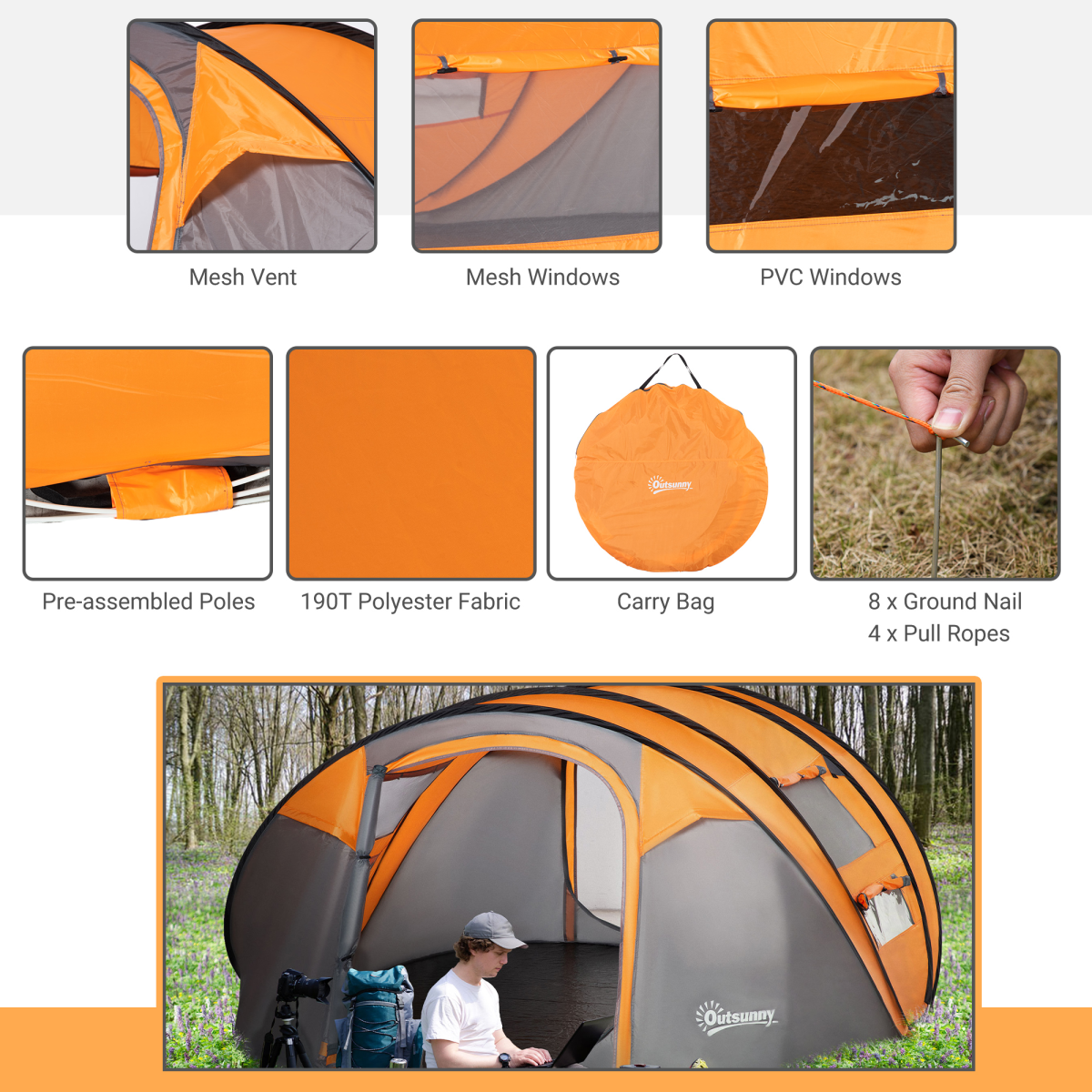 Camping Tent Dome Pop-up Tent with Windows for 4-5 Person Orange
