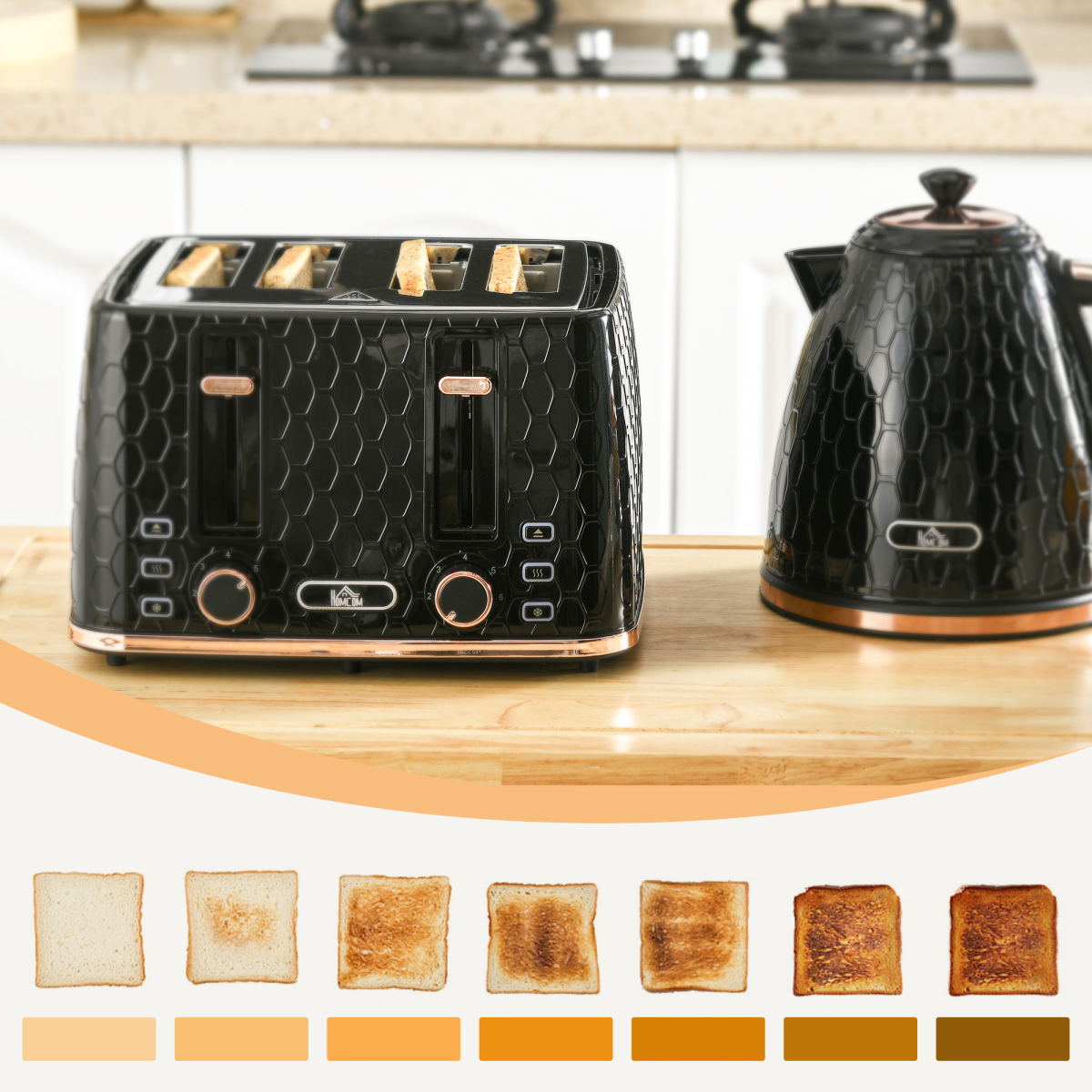 1.7L Kettle and Toaster Set with Defrost, Reheat and Crumb Tray, Black