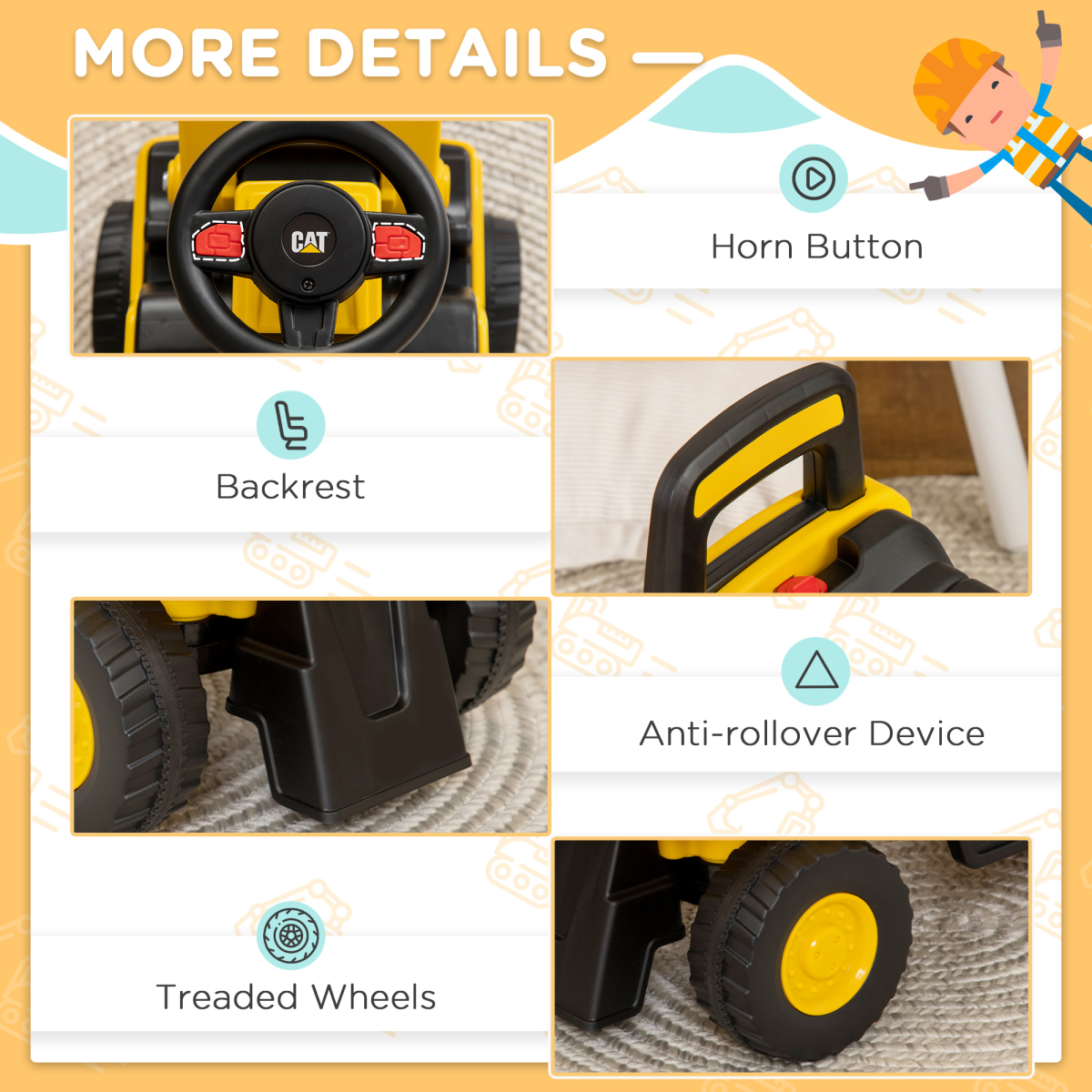CAT Licensed Kids Construction Ride-On with Manual Shovel, for 1-3 Years