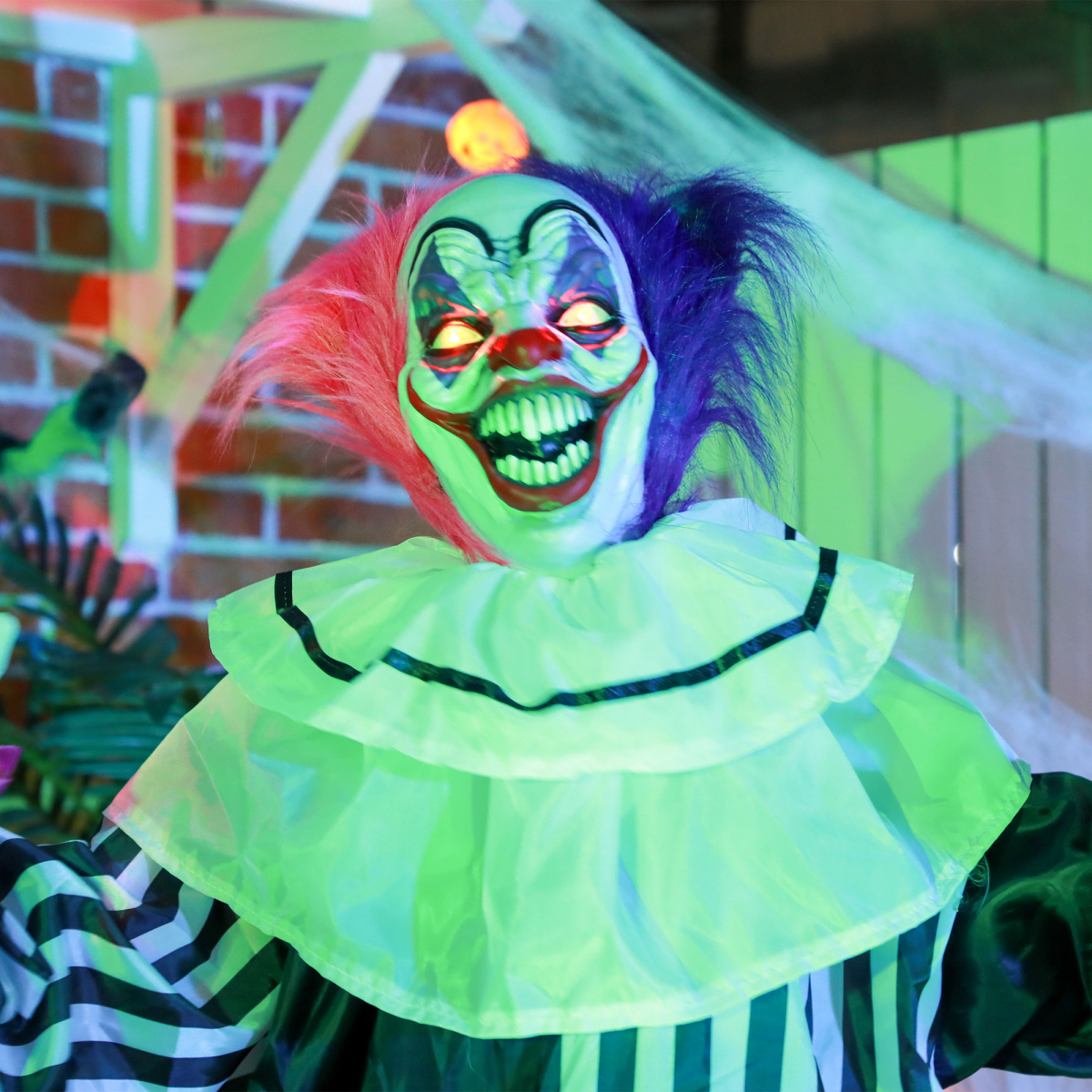 Halloween Clown Animatronic Prop with Light Up Eyes, for Indoor Outdoor, Pink And Purple Clown