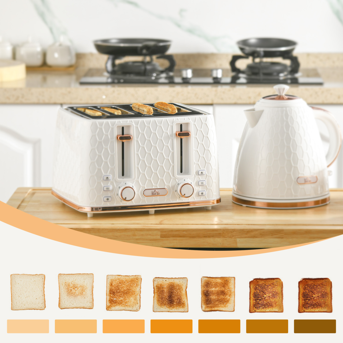 1.7L Kettle and Toaster Set with Defrost, Reheat and Crumb Tray, White