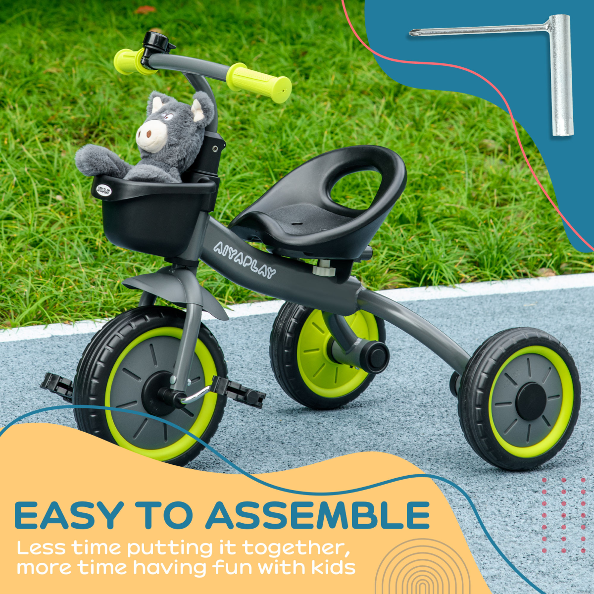 Aiyaplay Trike with Adjustable Seat Basket Kids Tricycle for 2-5 Years Old Black