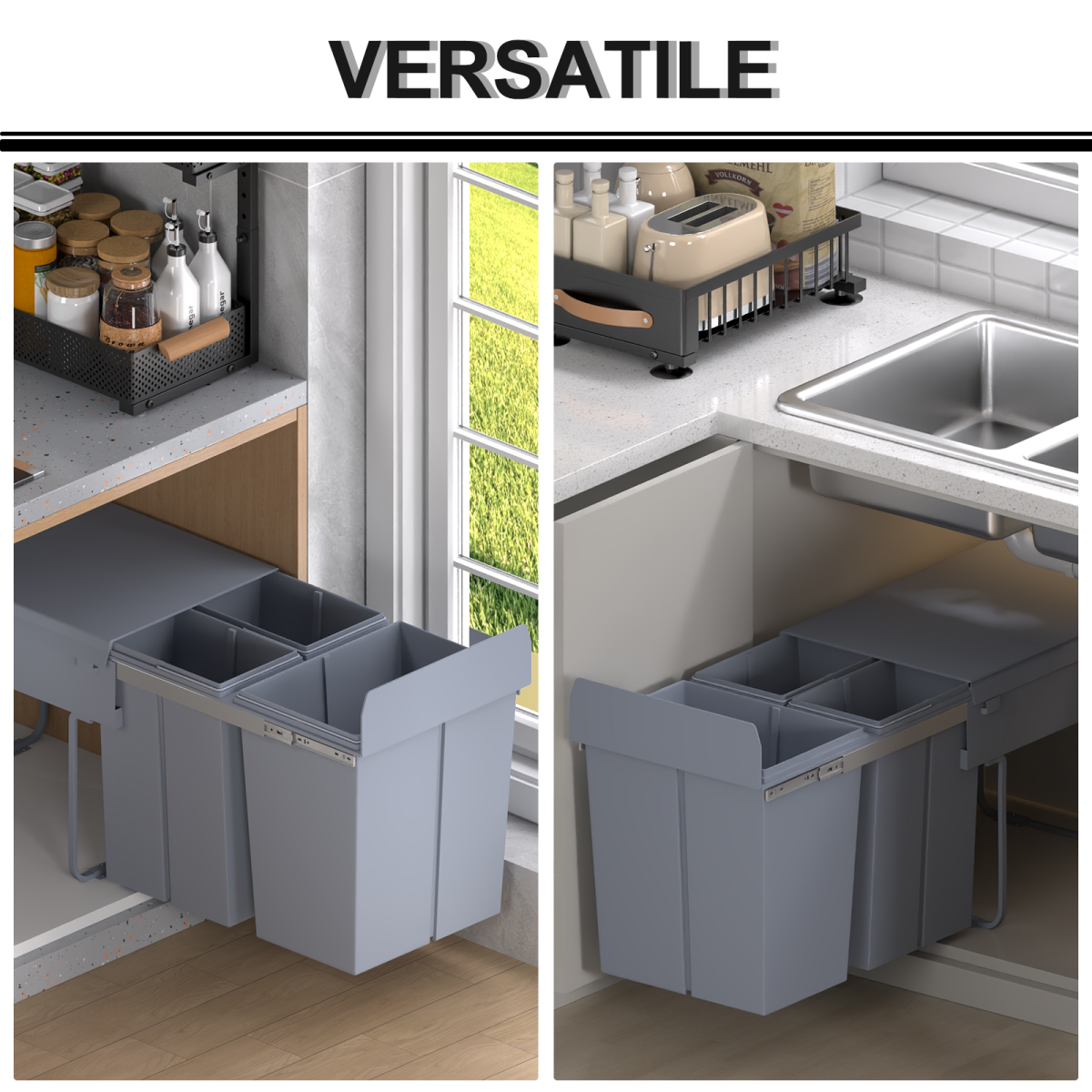 Recycle Waste Bin Pull Out Dustbin Recycling Cabinet 40L-Grey