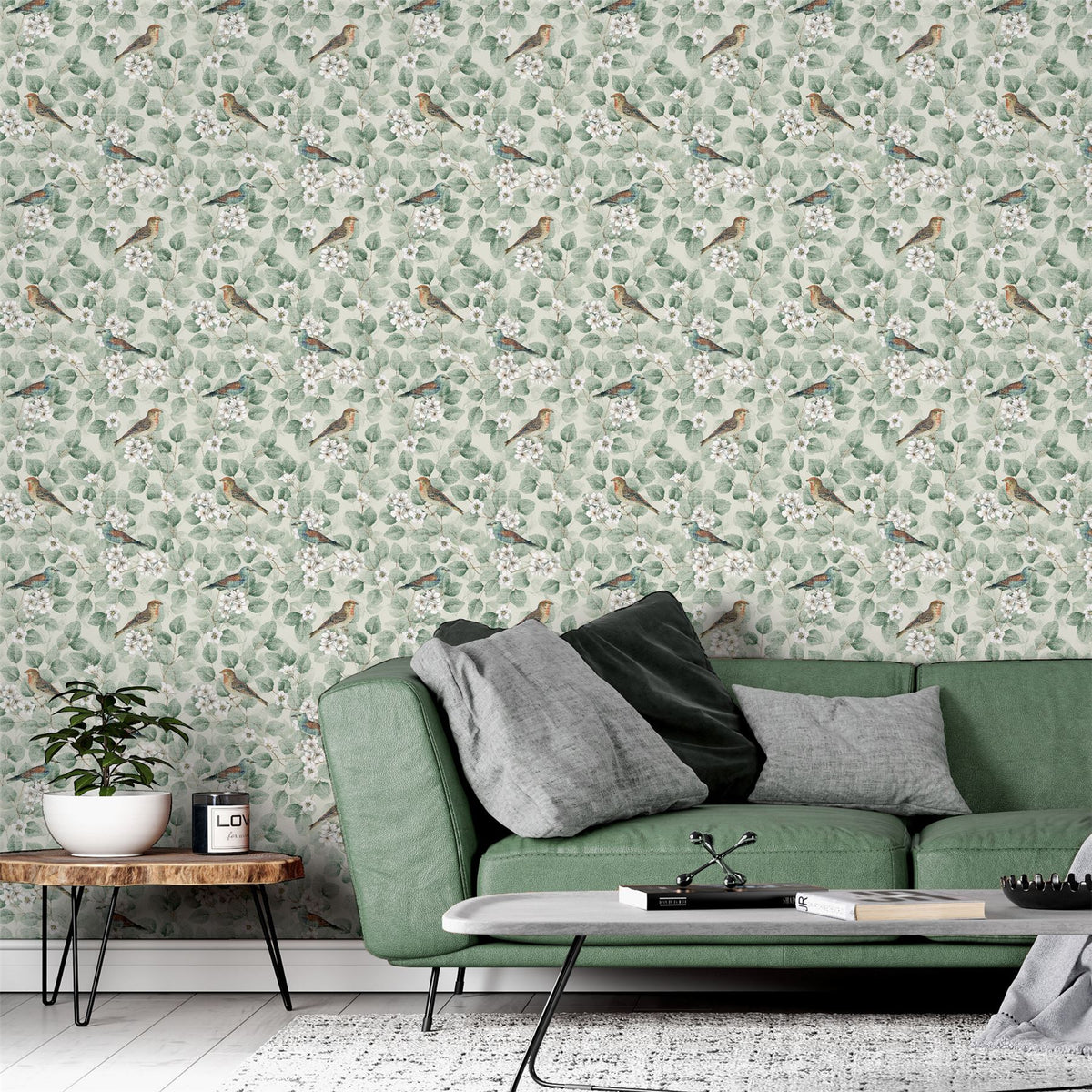 Birds & Blossoms Green Wallpaper image 2