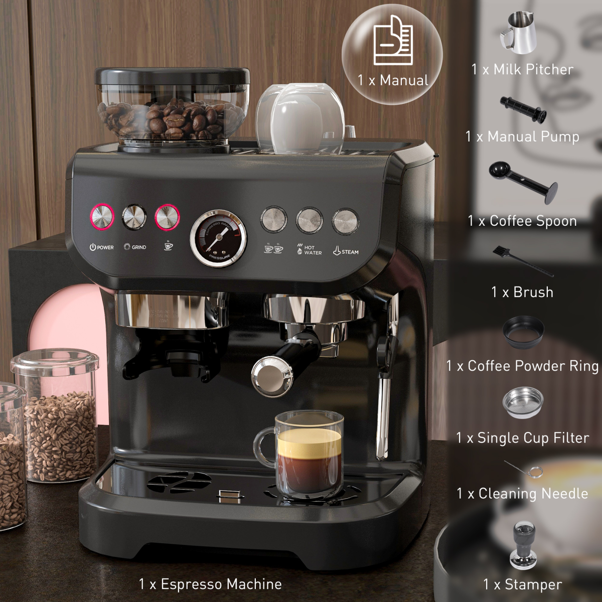 Espresso Coffee Machine w/ Integrated Bean Grinder and Steam Wand 15 Bar