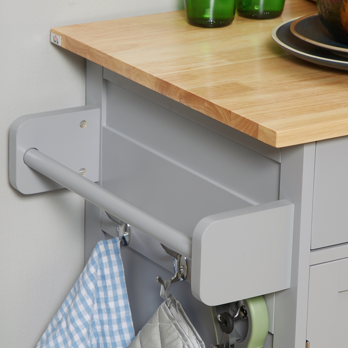 Rolling Kitchen Cart with Rubber Wood Top, Towel Rack, Hooks and Drawers