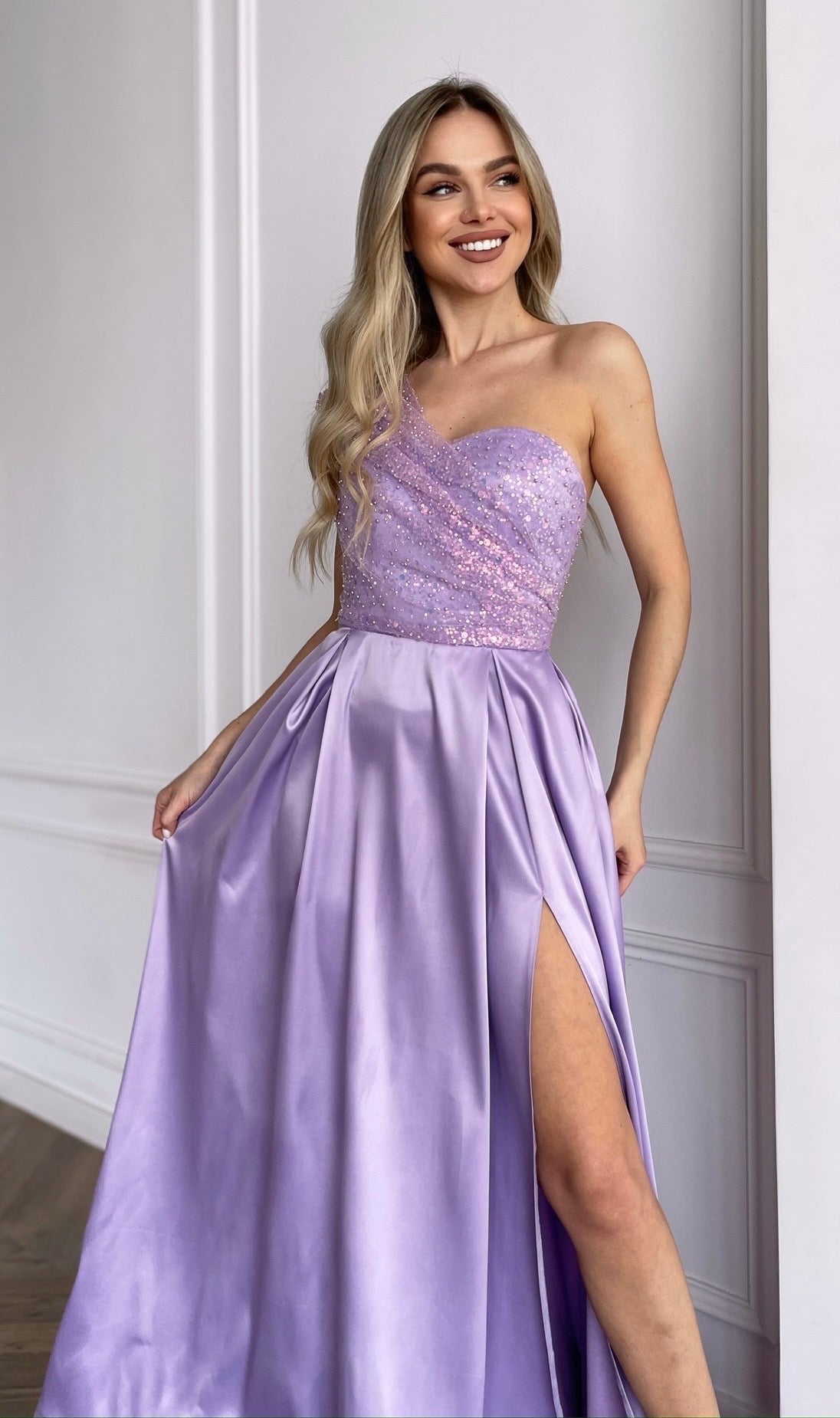 one shoulder gown with sequins